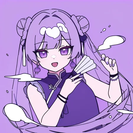 1girl, 
rabbit hole, yumenouchi chiharu, 
sakura
masterpiece, ring, twintails, holding fan, purple background, hand fan, bracelet, open mouth, hair intakes, solo, jewelry, nail polish, double bun, earrings, purple dress, purple theme, upper body, dress, holding, chinese clothes, smile, long hair, looking at viewer, folding fan, hair bun, purple eyes, purple nails, purple hair, hair ornament, 
newest, absurdres, safe
 <lora:rabbit_hole:1>