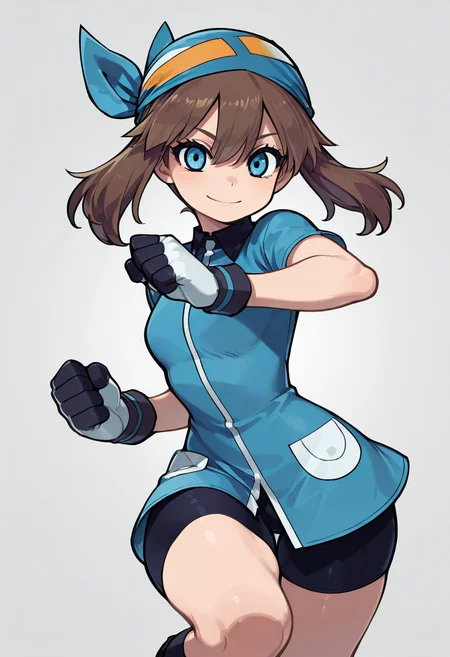 masterpiece, best quality, 1girl, eyelashes, (beautiful eyes), looking at viewer, smile, narrow waist, wide hips, zzSapphire, gloves, bike shorts, black socks, blue bandana, (dynamic pose, foreshortening), ,<lora:SapphireBirchPokemon_IXL:1.0>, , smile, looking at viewer, cowboy shot, <lora:ZankuroIXLLight_v2:0.8>,