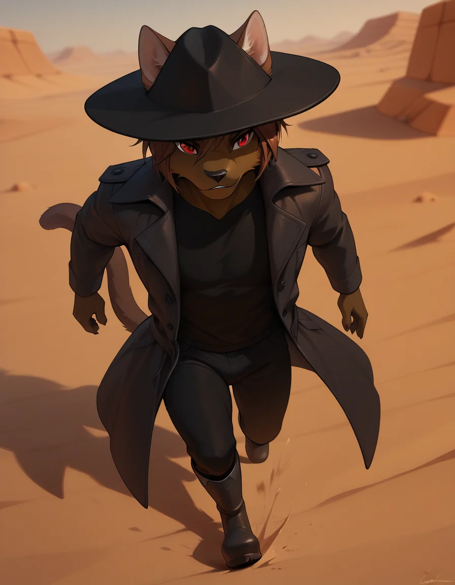 masterpiece, best quality, amazing quality, (carlos_gamerfox:1), ((male focus, 1boy, solo)), male, full body, anthro cat, cat ears, cat tail, from above, hat, red eyes, coat, shirt, boots, pants, ((running)), desert background, <lora:Illustrious\Carlos-Illustrious.safetensors:1.0:1.0>