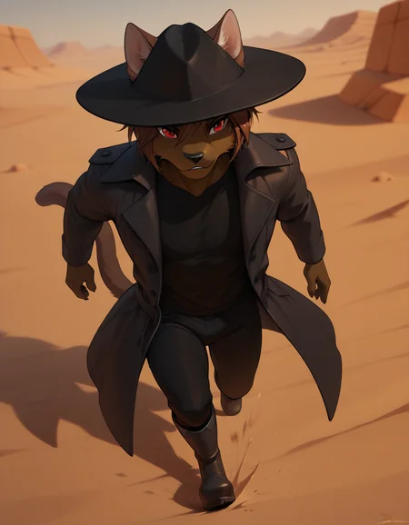 masterpiece, best quality, amazing quality, (carlos_gamerfox:1), ((male focus, 1boy, solo)), male, full body, anthro cat, cat ears, cat tail, from above, hat, red eyes, coat, shirt, boots, pants, ((running)), desert background, <lora:Illustrious\Carlos-Illustrious.safetensors:1.0:1.0>