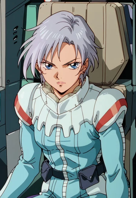 score_8, score_8_up, score_7_up, AWGXS, anime screenshot, retro artstyle,1990s (style), cel animation BREAK 1girl, female focus, solo, Helena_CF, silver hair, short hair, bangs, asymmetrical hair, blue eyes, earrings, mole under eye, normal suit, pilot suit, blue body suit, utility belt, upper body, cockpit, straight-on, looking at viewer, sitting, serious expression, leaning forward, aggressive