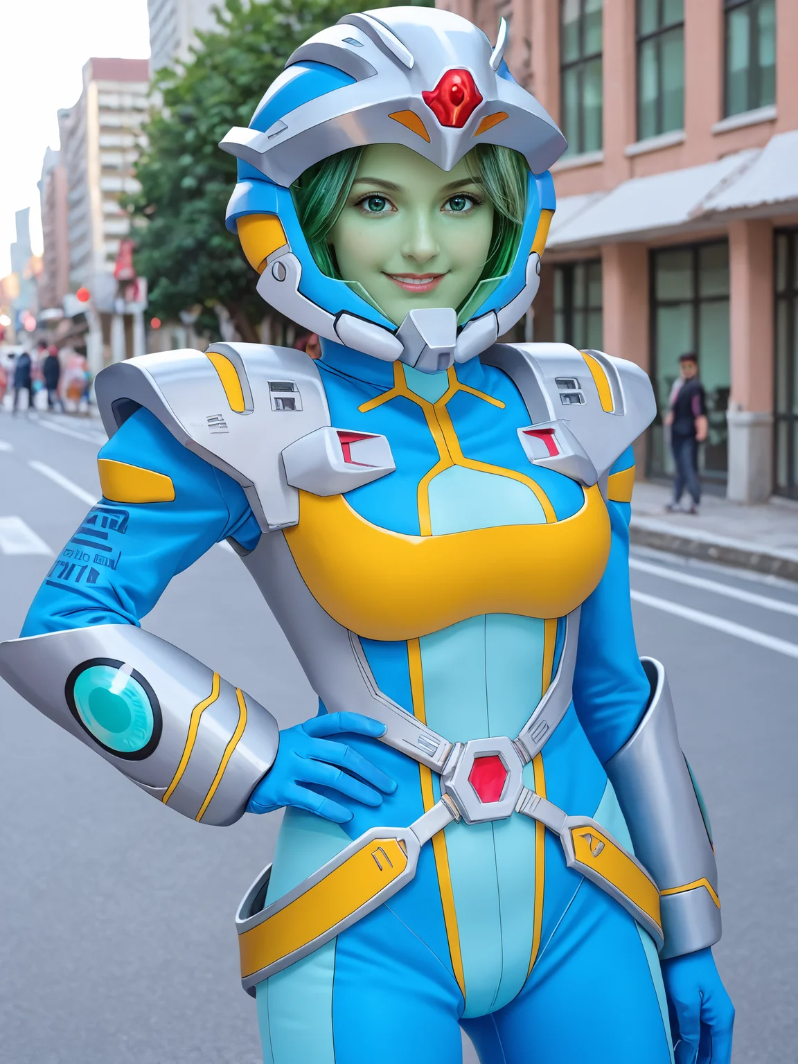 score_9, score_8_up, score_7_up, <lora:offset_0.2:0.1>, <lora:spo_sdxl_10ep_4k-data_lora_webui:1>, BREAK,
1girl, solo, photorealistic, BREAK,
srwbluepilotsuit, blue bodysuit, pauldrons, wrist guards, metal belt, grey armor, helmet, assault visor, (green-tinted eyewear:1.5), wearing helmet, <lora:Pilot_suit__Super_Robot_Wars:1>, BREAK,
smile, looking at viewer, hand on own hips, cowboy shot, BREAK,
outdoors, city, street