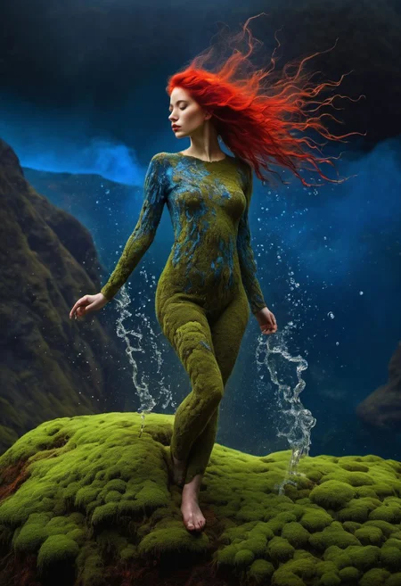 Image a woman with her legs made of water, the chest is made of earth and moss, the hair is red flames and blue of fire, it is a beautiful and powerful essence of nature, the backgroud is a very deep blue planet as one Photography of Griffiths and Wadim Kashin