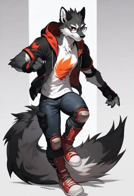 score_9, score_8_up, score_8, 1boy, anthro, black and white furr male wolf, red eyes, solo, male , fluffy long tail, black jeans, T-shirt, hooded windbreaker,  knee pads and greaves, fingerless gloves, sneakers , glasses on the eyes , black nose