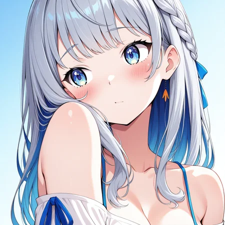 close-up, spaghetti strap, blush, jewelry, large breasts, blue ribbon, off-shoulder shirt, grey hair, day, off shoulder, blue hair, sky, two-tone hair, shoulder to cheek, gradient background, takarada rikka, covering, braid, sidelocks, virtual youtuber