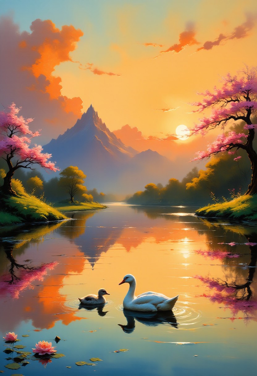 reflection of an serene nature environment and sky in a small pond.
the focal point is a white duck and a white duckling close together, their movements creating gentle waves on the water.
the scenery inspired by harmonious renaissance compositions,
with varied japanese flora of rich green trees and cherry blossoms creating an harmonic rhythm and evoking nostalgia and romance.
the orange sky with mesmerizing cloud formations
with orange and violet hues, casting warm orange light over the scenery.
the composition is dynamic with an small cluster of lily pads
in in bottom left corner and a remote mountain formation shrouded in clouds creating an asymmetrical tension.
the composition is overall romantic and tranquil, with an calm and contemplative ambient
accompanied with warm summer colors.