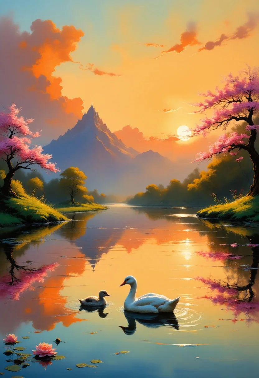 reflection of an serene nature environment and sky in a small pond.
the focal point is a white duck and a white duckling close together, their movements creating gentle waves on the water.
the scenery inspired by harmonious renaissance compositions,
with varied japanese flora of rich green trees and cherry blossoms creating an harmonic rhythm and evoking nostalgia and romance.
the orange sky with mesmerizing cloud formations
with orange and violet hues, casting warm orange light over the scenery.
the composition is dynamic with an small cluster of lily pads
in in bottom left corner and a remote mountain formation shrouded in clouds creating an asymmetrical tension.
the composition is overall romantic and tranquil, with an calm and contemplative ambient
accompanied with warm summer colors.