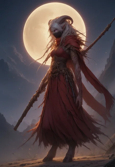 (absurdres, best quality, masterpiece:1.4), score_9, score_8_up, score_7_up, score_6_up, detailed, detailed body, detailed face, world of warcraft, fantasy, <lora:add-detail-xl:1.5>,
fFaceDetail, SkinDetail, ((female, draenei, tall, athletic arms, pale white skin, smooth skin, long white hair, purple eyes, no pupil, no sclera, long white tail), (h0rns, ram horns, white horns),
(long fingers, purple fingernails, purple nail polish)),
(long loose red dress, simple armlet, black facemask, red silk scarf), GunMonk, shotgun, holding shotgun,
full body, side view
outdoor, evening, mountains, moon