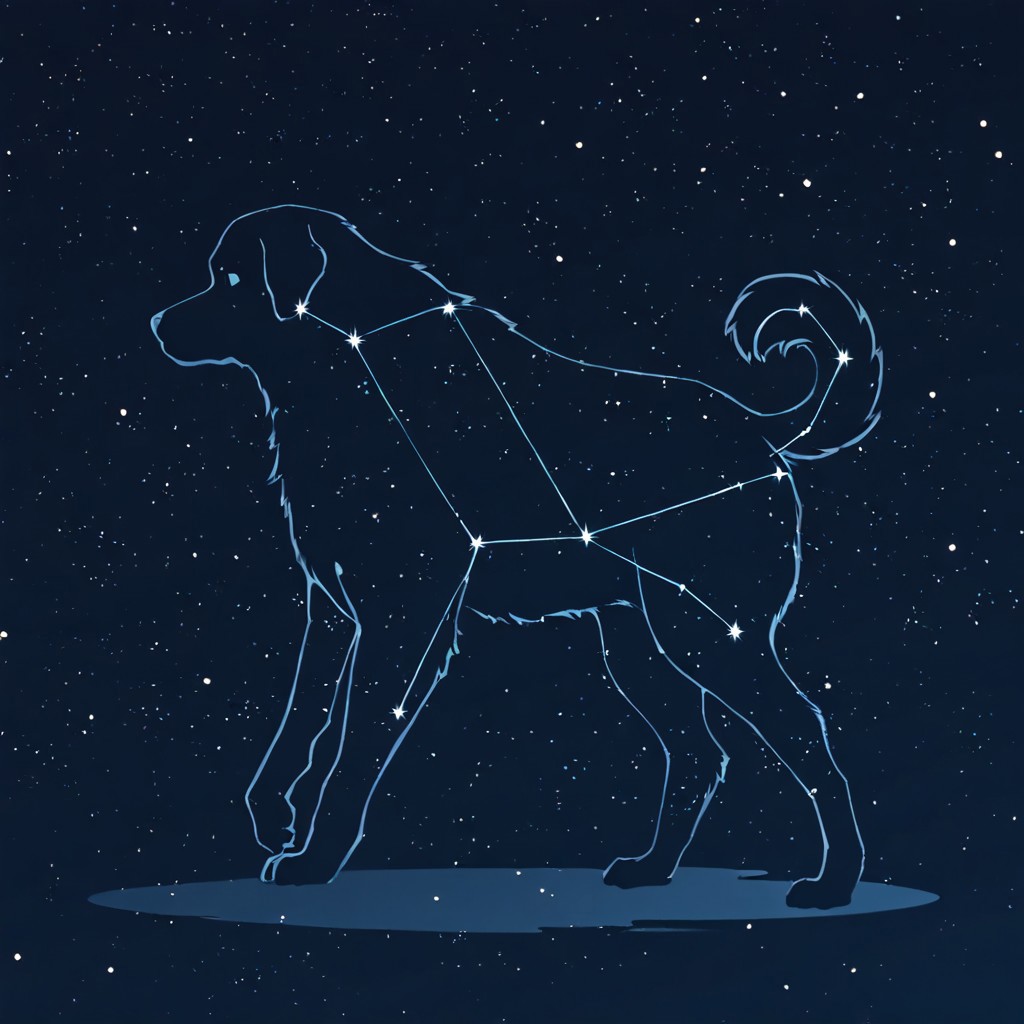 masterpiece, best quality, newest, absurdres, highres, anime, anime style, LSCV1.0, constellation, star (sky), starry sky, night sky, night, starry sky, no humans, animal, animal focus, dog, silhouette, monochrome,
