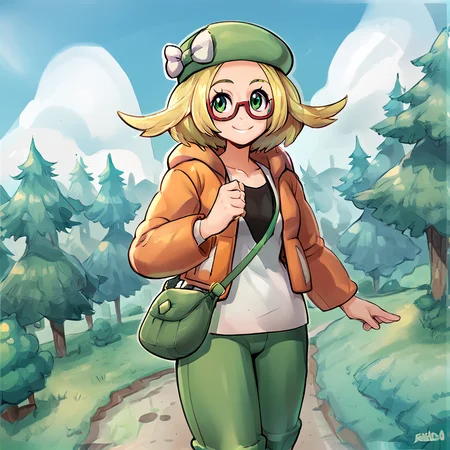 score_9, score_8_up, score_7_up, score_6_up, score_5_up, score_4_up, <lora:Bianca_Pokemon_BW2:1>, biancabw2, 1girl, solo, blonde hair, glasses, green eyes, semi rim glasses, green pants, beret, hat bow, white bow, smile, outdoors, trees, clouds, smile, happy expression, orange jacket, white shirt, shoulder bag, <lora:Reinaldo_Quintero_Reiq_Artist_Style_PonyXL:0.8>, red rimmed glasses,
