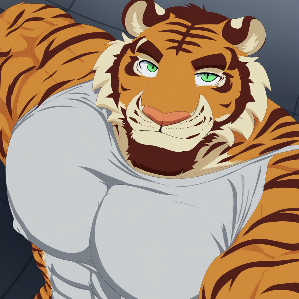 Muscular male, furry, fully dressed, tiger