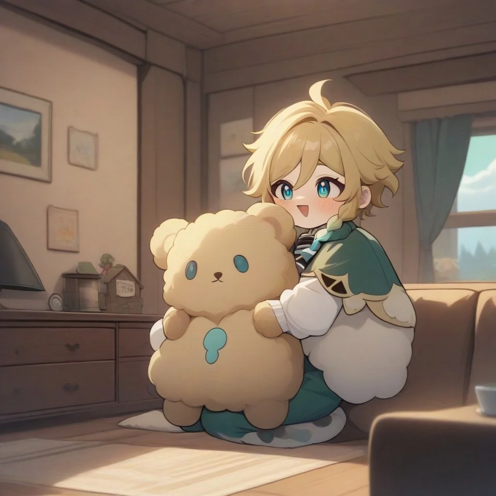 masterpiece, best quality, newest, absurdres, highres, anime,dk_venti,
venti_\(genshin_impact\), blue eyes, blonde hair, long hair, solo,1boy,chibi,
fluffy bear costume. holding xmastedx plushie,
indoors, scenery, cozy living room,