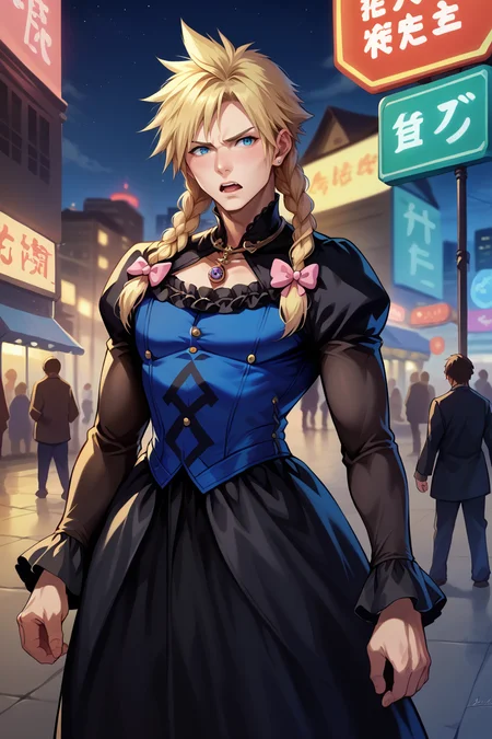 score_9, score_8_up, score_7_up, score_6_up, source_anime, photorealistic, 1boy, male focus, solo BREAK <lora:cloudstrife-pdxl-nvwls-v1-000006:0.9> dressCloud, crossdressing, blonde hair, twin braids, hair bow, frilled dress, black dress, puffy sleeves, long sleeves, long dress, annoyed, open mouth, furrowed brow, night, neon signs, city street