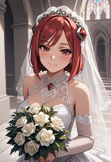 score_4,score_5,score_6,score_7_up,score_8_up,score_9 ((masterpiece,best quality,ultra detailed,highres,HD,4k:1.2)),
1girl, solo,solo focus,girl focus,face focus,
red hair,red eyes,short hair,hair ornament,large breasts,
((wedding dress, wedding veil:1.1)),bouquet, wedding ceremony, church,
looking at viewer,happy,light smile,blush,closed mouth,
