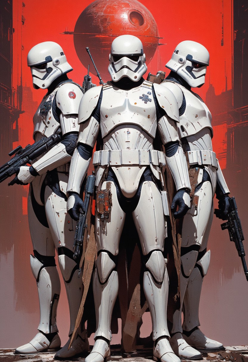 fashion editorial feel, 3 female Stormtroopers, action pose, abstract background featuring deathstar,