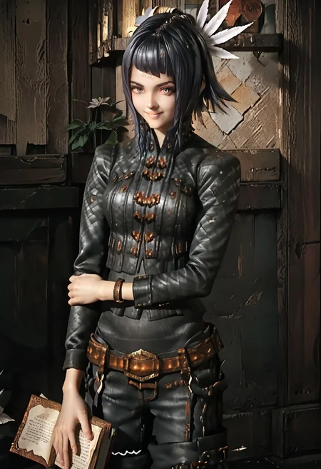 score_9, score_8_up, score_7_up,high quality,highly detailed, mirania,1girl, solo, black hair,smile, hair ornament, short hair, feather, hair ornament, boots, feathers, belt, leather jacket, leather pants, holding, ,book, book in arms