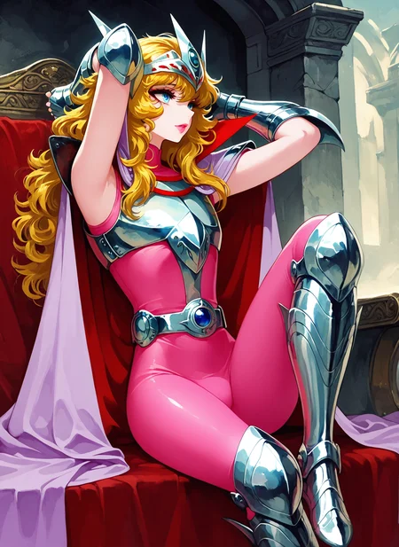 masterpiece, best quality, amazing quality, rdf02, SS_MIS, 1boy, male focus, blue eyes, light pink lipstick, blonde hair, wavy hair, long hair, circlet, (white-violet cape, inner red cape, high collar), silver pauldrons, silver breastplate, silver fingerless gauntlets, sleeveless pink bodysuit, belt, belt buckle, silver greaves, sitting, view from the side, hand behind head, arms up