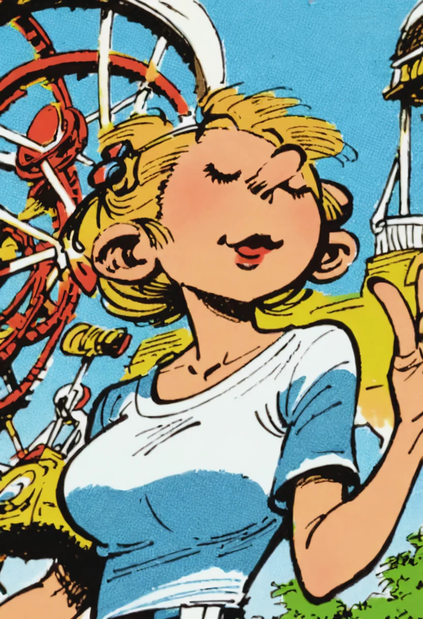 score_9, score_8_up, score_7_up, 1girl, large_breasts, mature_female, portrait, solo, looking_at_viewer, open_eyes, Dancing with arms out to the sides, atmospheric_perspective, (Light blue hanten), hair flaps, chignon, Strawberry Blonde hair, ferris wheel, cropped_arms, rating_safe, <lora:pony\artist_styles\franquin_pony:1.0>
