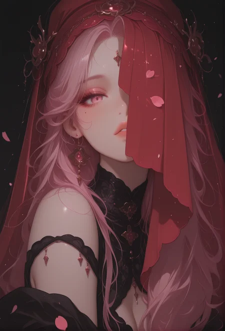 masterpiece, best quality, 1girl, black background, close-up, clothing cutout, cloudy sky, covered mouth, cowboy shot, earrings, eyelashes, jewelry, lips, long hair, looking at viewer, mole, nail polish, off shoulder, one eye covered, parted lips, petals, pink eyes, red headwear, ring, veil, <lora:style01:1.5>, upd25