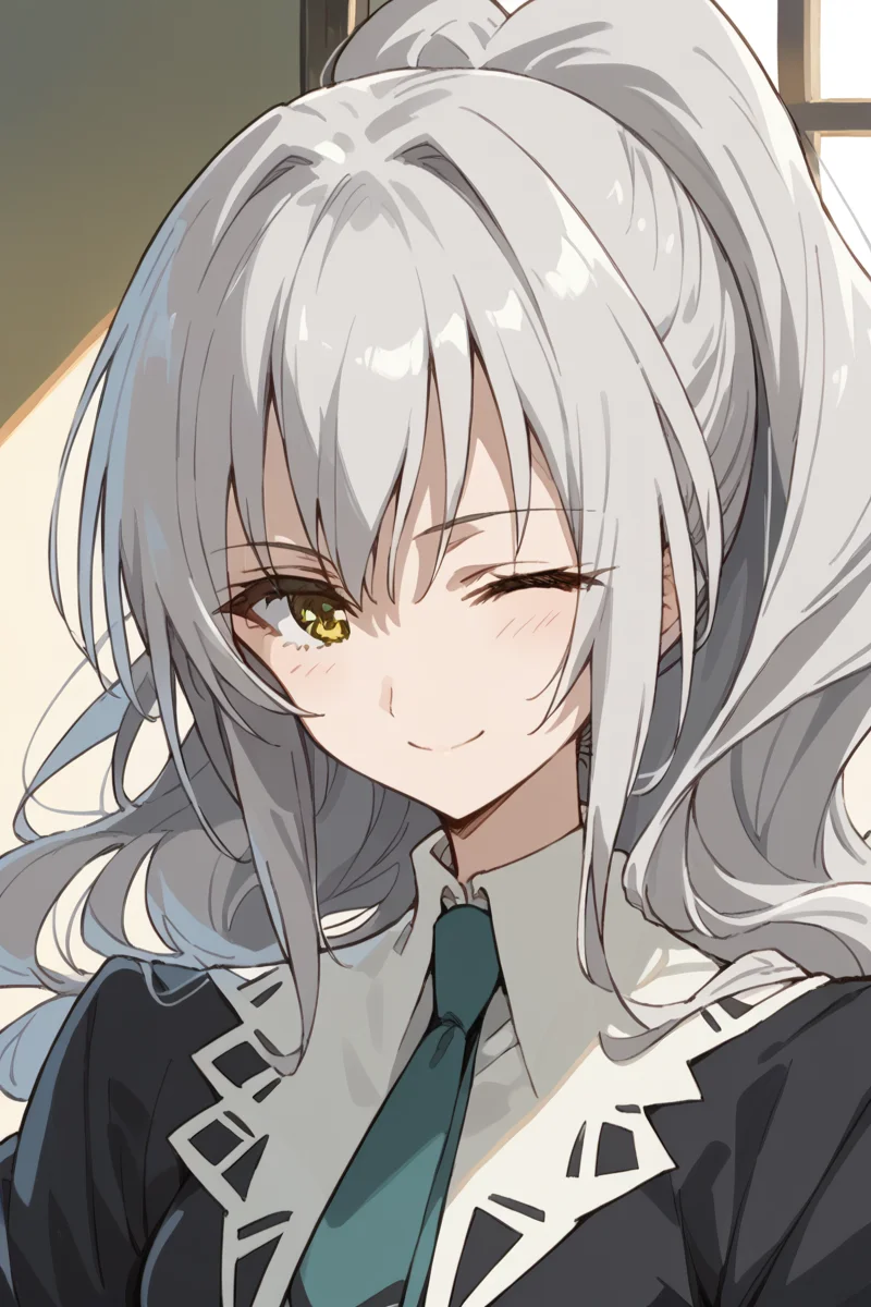 score_9, score_8_up, score_7_up, score_6_up,
<lora:Shizuma_Hanazono:1> shizuma, solo, one eye closed, 1girl, long hair, school uniform, yellow eyes, miator, ponytail, smile, anime coloring, necktie, grey hair