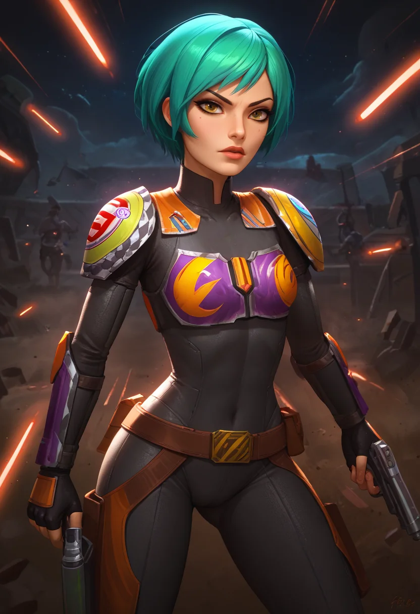 score_9, score_8_up, score_7_up, <lora:Sabine_Wren:0.7> short hair, green hair, mando armor, <lora:fatetest:1>, blaster, lasers