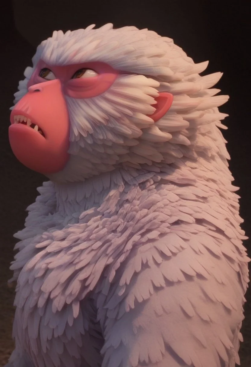 1girl, furry, female japanese macaque, ape, primate girl, anthro, white fur, dark pink skin, pink ears, brown eyes, grey hands, grey feet, Expressiveh, realistic, 3d, score_8_up, score_7_up, BREAK, 1girl, solo, closeup, looking away, very angry, fangs, teeth out