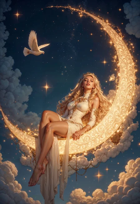 Image is a digital fantasy artwork featuring a serene night scene. A woman with fair skin and long, flowing blonde hair is elegantly reclining on a large, glowing crescent moon. She is adorned in a delicate, ethereal gown that cascades around her, blending seamlessly with the surrounding clouds. Her eyes are closed, and she appears peaceful, with a gentle expression on her face. The crescent moon is intricately detailed with ornate patterns and emits a warm, golden light. Stars twinkle in the deep blue sky, adding to the dreamlike atmosphere. A white dove is gracefully flying nearby, enhancing the celestial theme. The overall composition is harmonious, with a focus on the interplay of light and shadow, creating a mystical and enchanting scene.