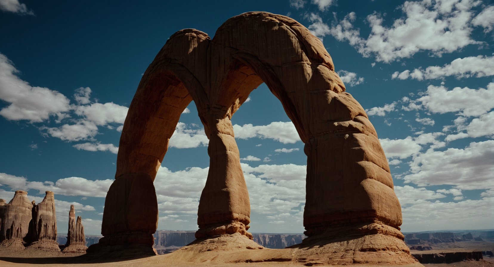 cinematic film still of  <lora:Ron Fricke style:1>
a large arch in the middle of a desert,outdoors,sky,day,cloud,blue sky,no humans,cloudy sky,scenery,rock,desert,cliff,cave , realistic, realism, movie still, film grain, kodak film, film contrast, film color, cinematography, documentary, photography, 70 mm film, 65 mm film, Todd-AO, Todd-AO 35, 8K resolution, Ron Fricke film director style, Ron Fricke film directing style, Ron Fricke style, shallow depth of field, vignette, highly detailed, high budget, bokeh, cinemascope, moody, epic, gorgeous, film grain, grainy