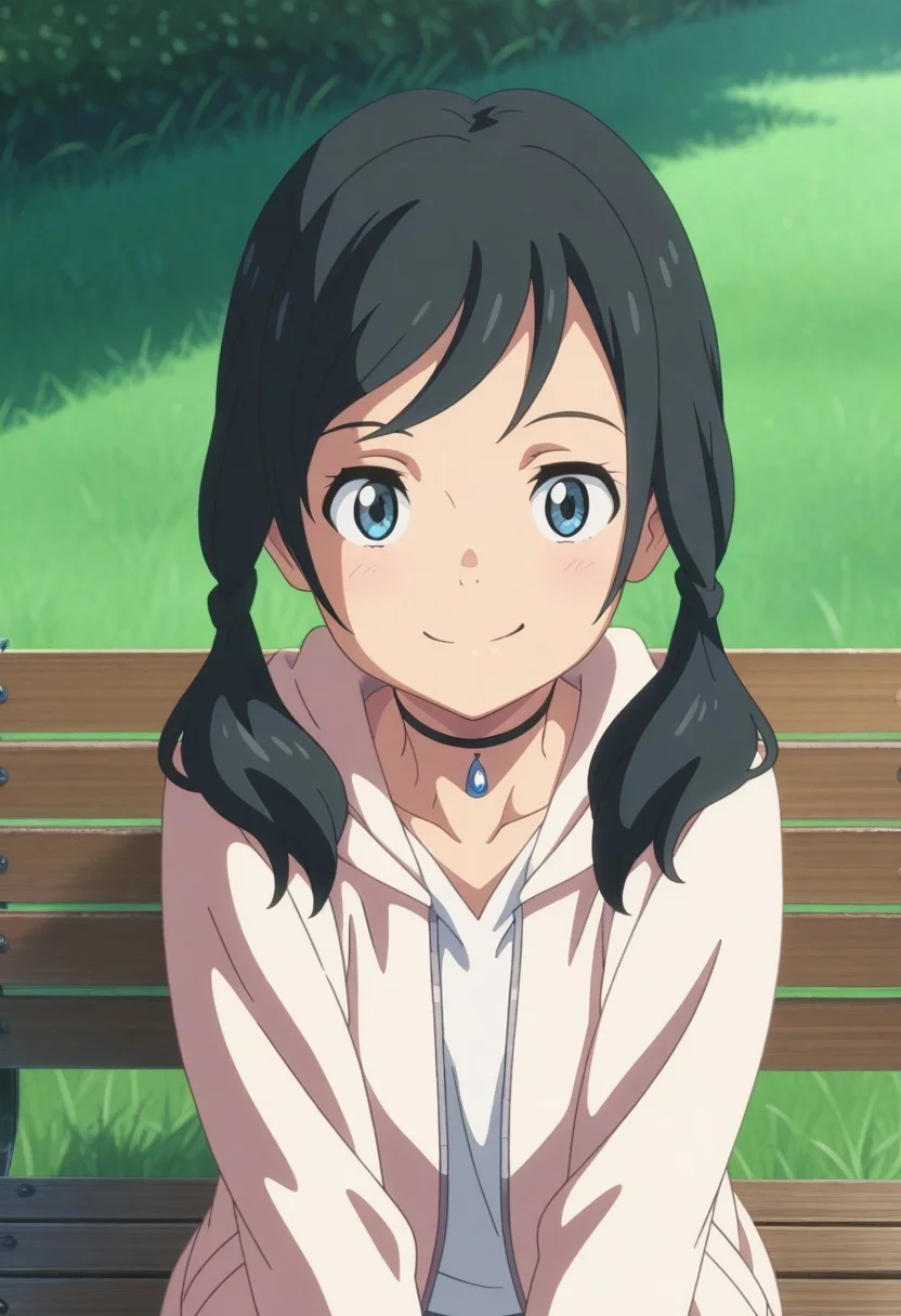 masterpiece,best quality,amazing quality, amano hina, black hair, long hair, low twintails, blue eyes, 1girl, solo, twintails, smile, choker, black choker, bench, hood, jacket, grass, anime coloring, jewelry
