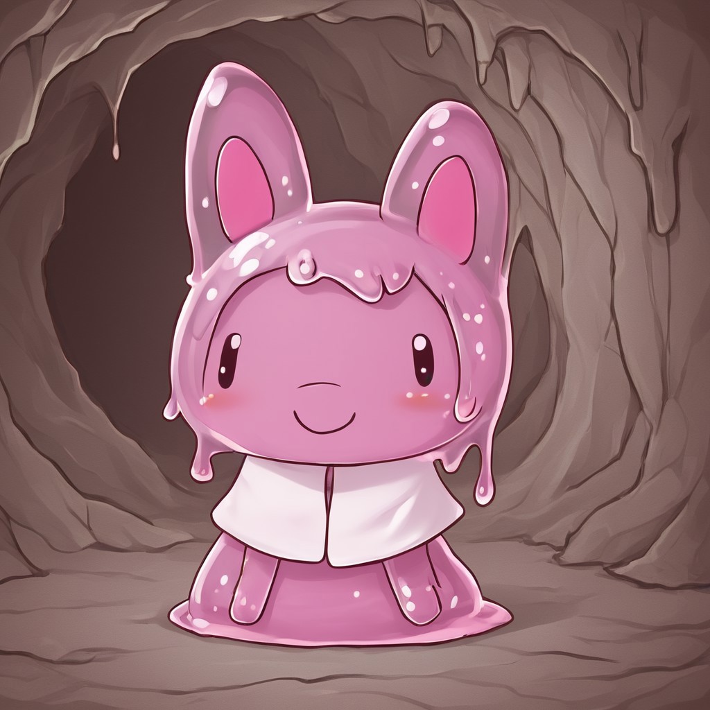 In a cave showing light above,sl1m3d,slime-morph,Mymelo made out of slime, anthro, 1female,hooded capelet, pink ears,solo,smile at you on a cute way,beautiful,high-quality,