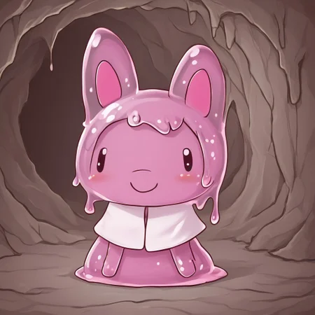 In a cave showing light above,sl1m3d,slime-morph,Mymelo made out of slime, anthro, 1female,hooded capelet, pink ears,solo,smile at you on a cute way,beautiful,high-quality,