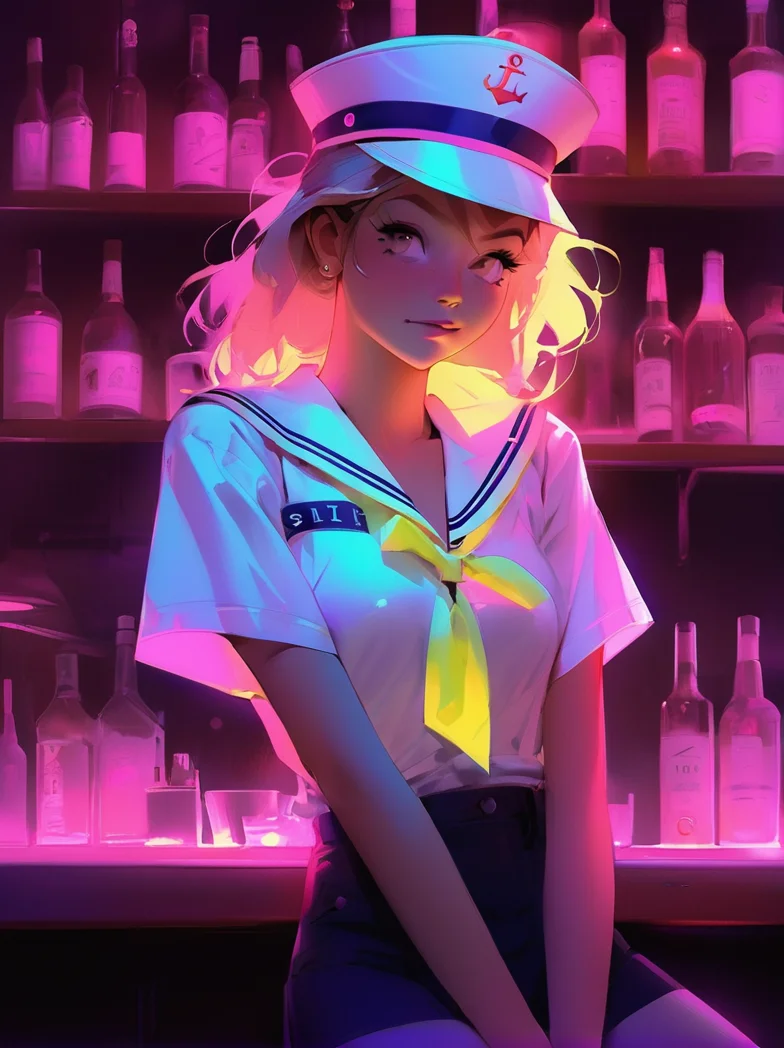 niji,<lora:niji-000008:0.8>,(glow:0.5),bar,teenager,female,sailor_shirt,