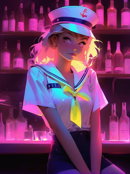 niji,<lora:niji-000008:0.8>,(glow:0.5),bar,teenager,female,sailor_shirt,