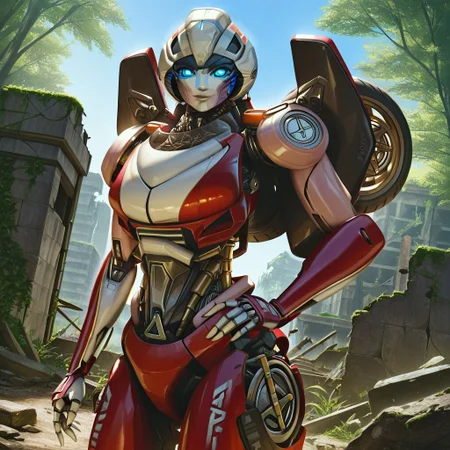 score_9, score_8_up, score_7_up, masterpiece, best quality, solo, 1girl, detailed eyes, screencap, looking at viewer, perfectly drawn face, perfectly drawn eyes, waist-up shot, bust view, arceerotb, autobot, 1girl, red and white body, mechanical parts, robot, helmet-like head, robotic face, glowing blue eyes, autobot symbol on forehead, fairing-like chest, wheels on back, 'ducati' printed on right leg, narrow waist, unique pose, sunny, looking at viewer, outdoors, hand on waist, soft smile, photorealistic, machu picchu, ruins, unique angle