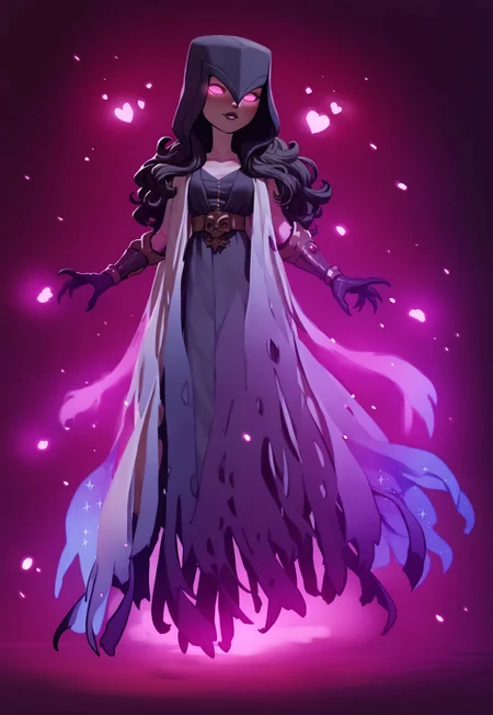 score_9, score_8_up, score_7_up, score_6_up, score_5_up, score_4_up, MNSTR, monster girl, no pupils, witch_coc, hood  1girl, full body, black hair, white inner hair, long wavy hair, mystical coat, stardust, glowing sparkles, ethereal, (beautiful:1.2), (elegant:1.1), (serene:1.1), source_fantasy, rating_safe