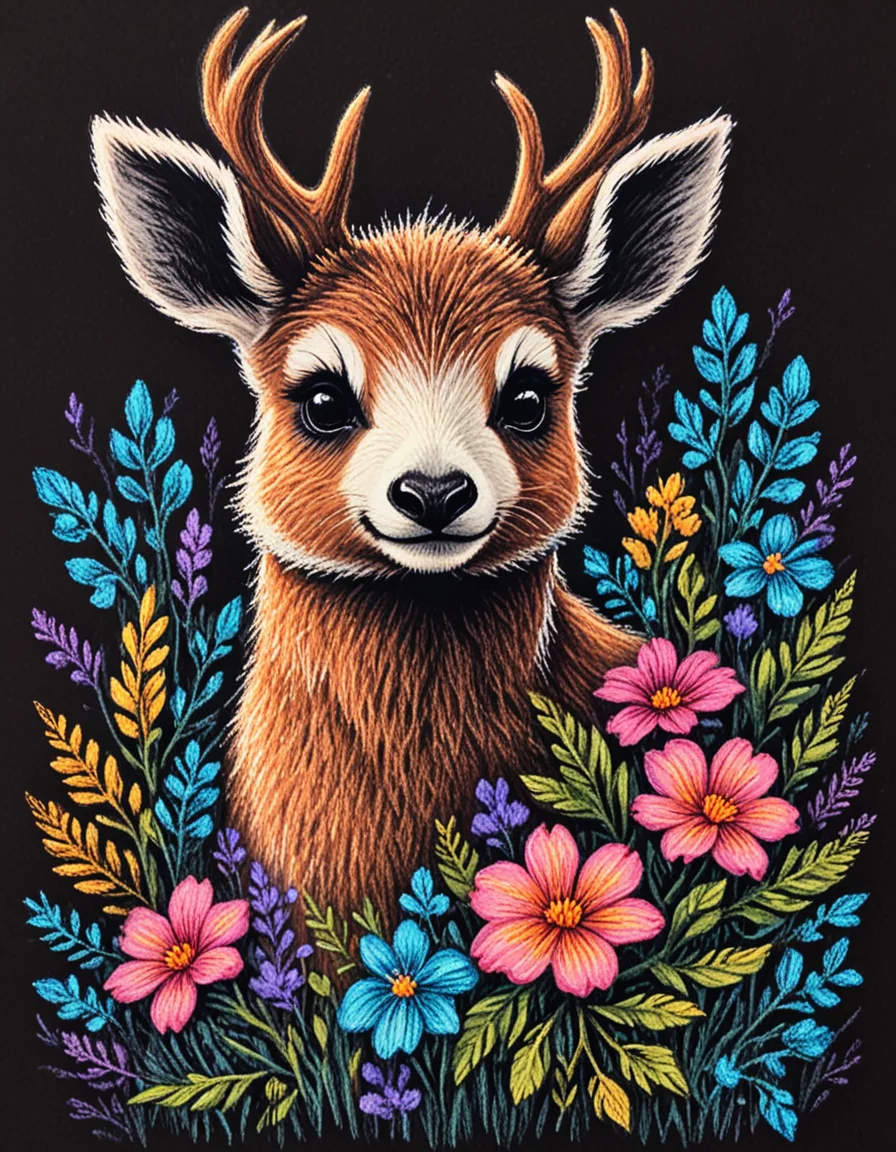 deer panda with flowers novuschroma13 style oil pastels illustration on black <lora:novuschroma13 style_2:1> <lora:sdxl_lightning_8step_lora:1>