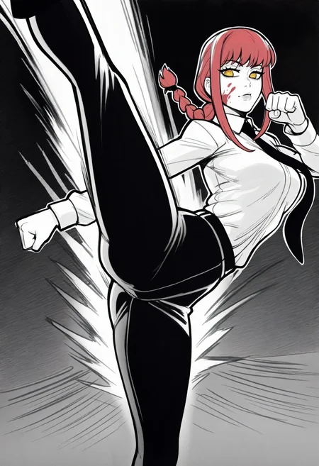 reiq,
best quality, amazing quality, very aesthetic, absurdres,
Makima (Chainsaw Man), 1girl, red hair, braided ponytail, long hair, ringed eyes, yellow eyes,
black necktie, business suit, collared shirt, office lady, white shirt, white skin, black pants,
formal, gendou pose, long sleeves,
looking at viewer, red blood on face, clenched hand, greyscale, kicking, monochrome, motion blur, motion lines, split, spot color, standing on one leg <lora:ReiqIllustriousXL_byKonan:1>