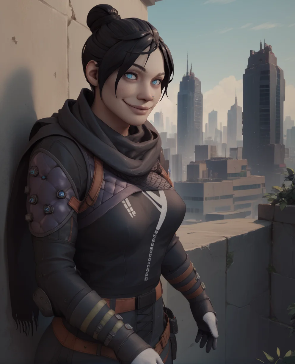 score_9,score_8_up,score_7_up,
wraithxl,black hair,single hair bun,looking at viewer,blue eyes,
scarf,nose piercing,black shirt,long sleeves,white gloves,
smile,
leaning to the side,
science fiction,wall,outdoors,cityscape,
<lora:wraith:0.8>,