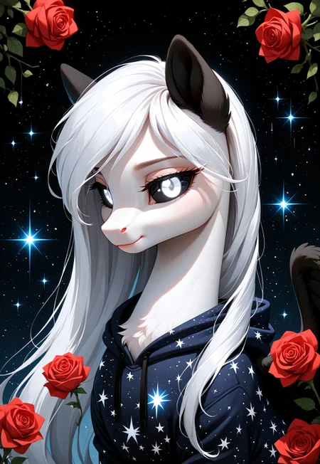 score_9, score_8_up, score_7_up, score_pony, zPDXL3, Albina, 1girl, wild pony, pony, white fur, white long hair, (black sclera:1.1), white eye, glowing white eyes,( black wings:1.2), black ears, in hoodie, cute, pony, abstract, abstract art, illustration, anime, blue. red rose, simple background, dark background), melting, detailed, cosmic print, constellations, water, cinematic, light, BREAK (masterpiece:1.3), (best quality:1.3), (ultra-detailed:1.3), (cinematic lighting:1.2), (depth of field:1.1), (sharp details:1.1)