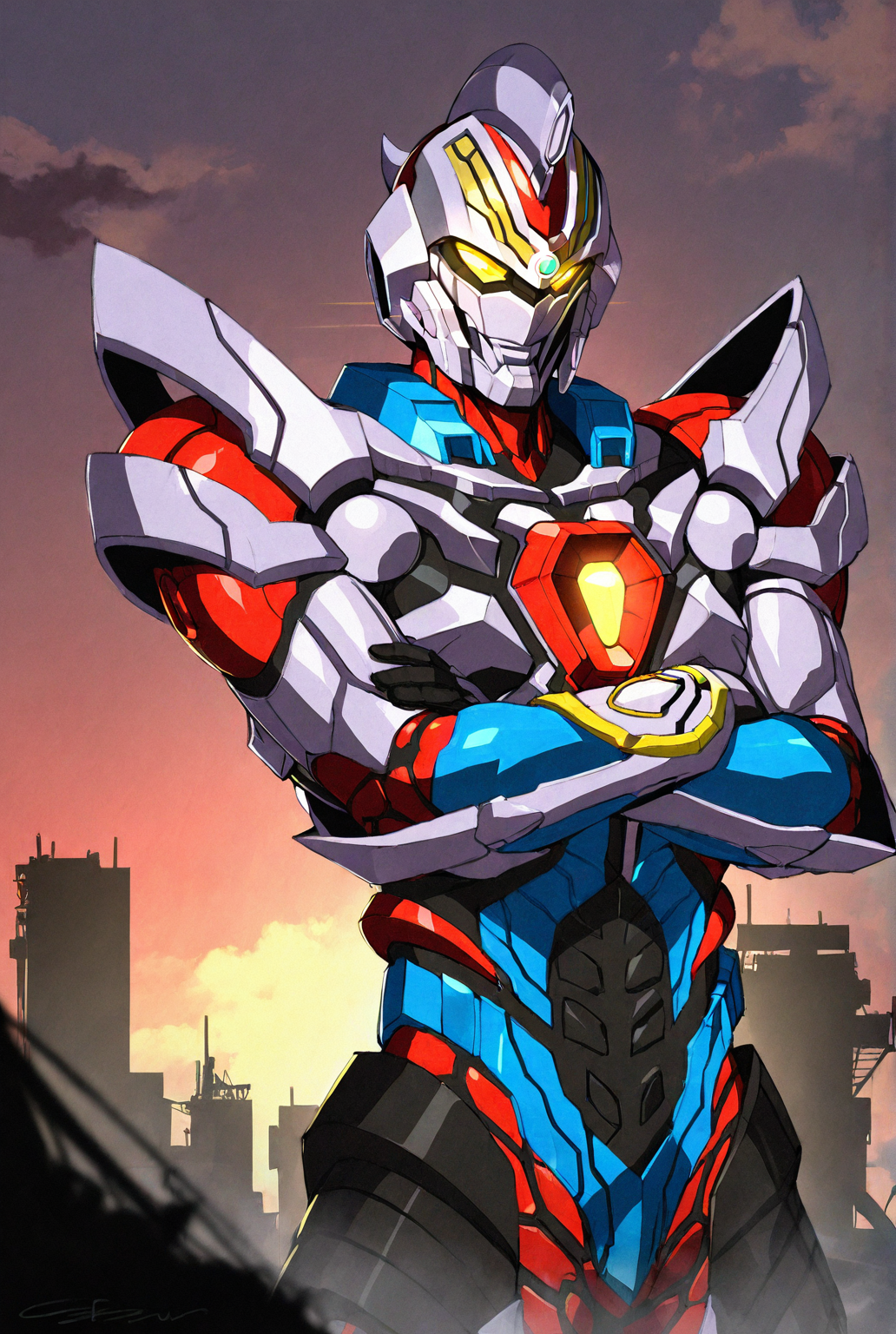score_9,score_8_up,score_7_up,best quality,ultra-detailed,high resolution,digital painting,8k,1boy,solo,cowboy shot,male focus,bara,detailed face,mecha,robot,no humans,science fiction,yellow eyes,tokusatsu,glowing eyes,armor,super robotstanding,crossed arms, sky,<lora:add-detail-xl:1>,<lora:SSSS Gridman:0.8>,ssss gridman,