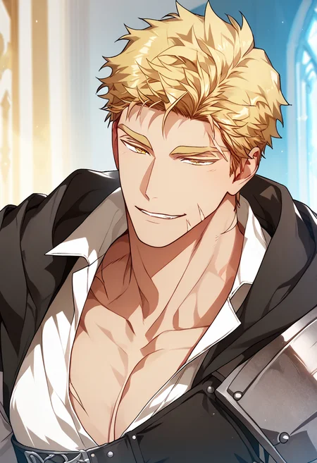 1boy, male focus,
<lora:Character - Author of My Own Destiny - Gunter:1> gunter, blonde hair, scar, yellow eyes
((zPDXL)), best quality, amazing quality, best aesthetic, absurdres, year2023, nsfw, game cg, official art, official style, uncensored,
<lora:Style - Ecstasy_Emperess:0.45> emper3ss
castle
close up, collared white shirt, shoulder guard, pectoral cleavage, naughty face, chest belt,