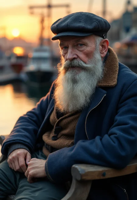 a high-resolution photograph featuring an elderly man with a full, thick white beard and mustache, sitting on a wooden bench by a harbor during sunset, the man has a rugged, weathered appearance, with wrinkles and aged skin, he is wearing a dark blue tweed flat cap, a blue waxed jacket with a brown shearling lining, and a brown sweater underneath, his expression is serious and contemplative, with his hands resting on the bench beside him, the background features blurred boats docked in the harbor, with the sun setting in the distance, casting a warm, golden glow over the scene, the water is calm and reflects the warm colors of the sky, enhancing the serene atmosphere, the overall mood of the photograph is one of quiet introspection and introspection, with a focus on the man's well-defined facial features and the ruggedness of his attire