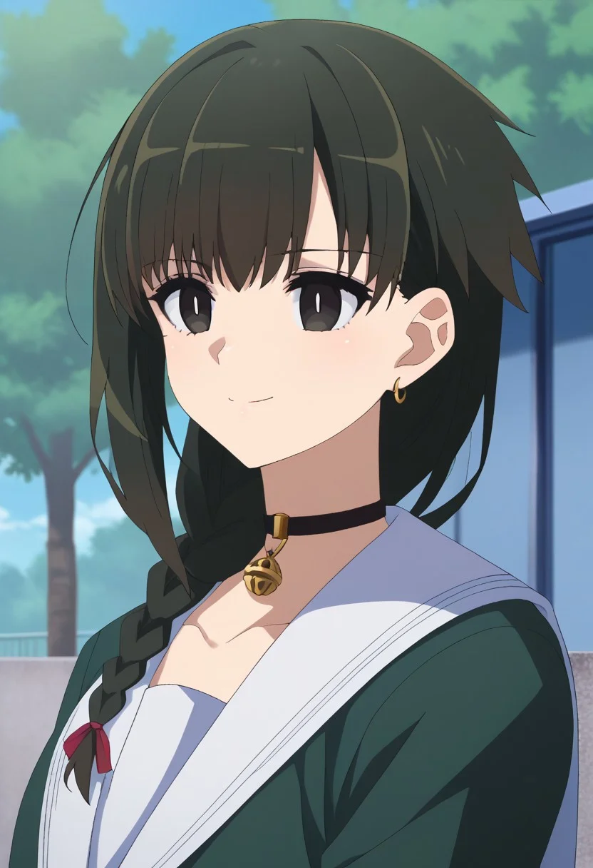 score_9, score_7_up, source_anime,
yokoya, 1girl, solo, black eyes, black hair, braid, hair over shoulder, chocker, black chocker, bell, jewelry, earrings, school uniform, serafuku, jacket, black jacket, portrait, smile, closed mouth,
outdoor, sky, tree, cloud,