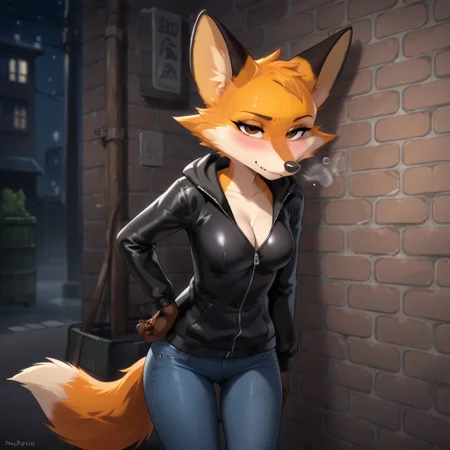 furry, solo, fox ears, brown eyes, breasts, blue jeans, black leather jacket, score_9, score_8_up, 1girl, 18 year old, an unlit dark alley at night in the city, dark, closed mouth, smokes, Looks at the viewer, drunk, Tired look, He leaned against the wall