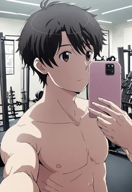 high resolution, solo, best quality, 1Boy, Inaho Kaizuka, Black Hair, Gym, sixpack, shirtless, selfie, OverallDetail