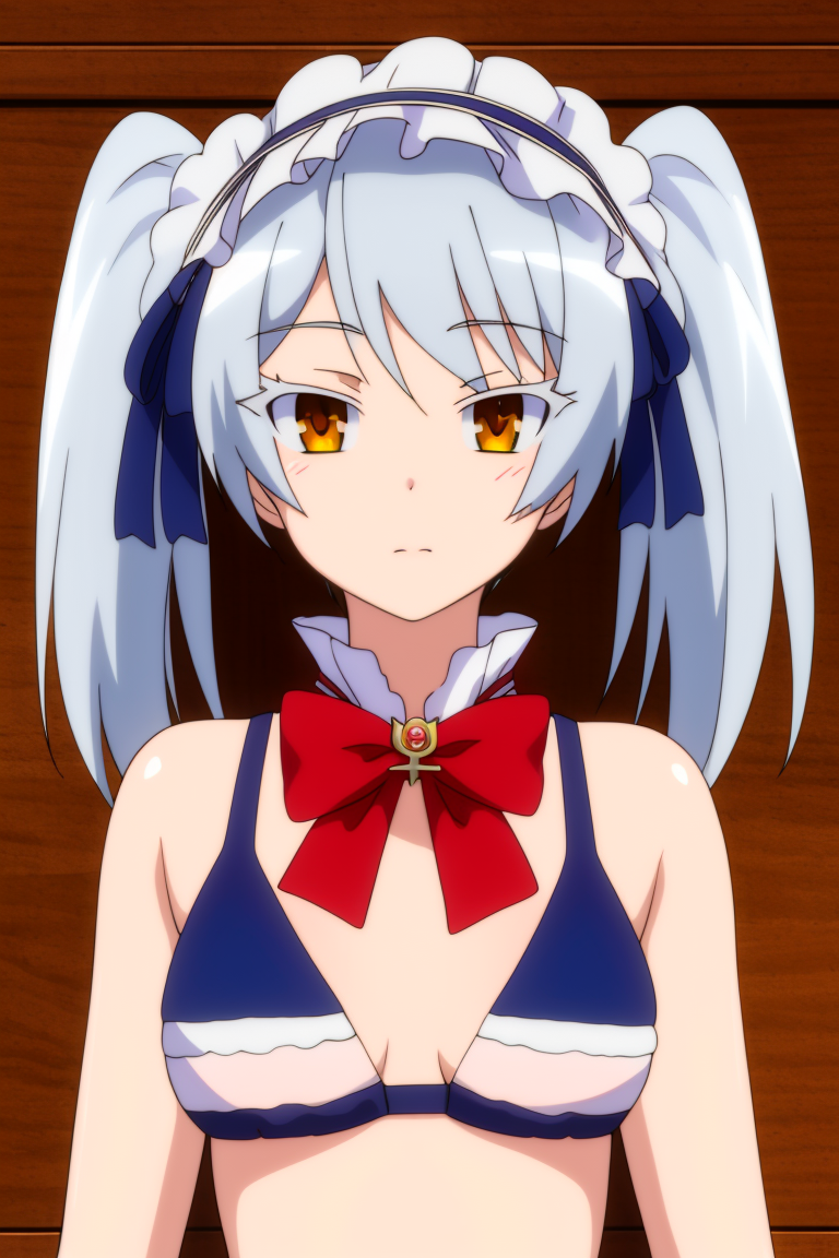 (masterpiece, best quality, high quality, highres, ultra-detailed),shape image, 1girl,solo,(portrait)twintails,Mary Janes shoe, looking at viewer,  long hair, brown eyes, (Leen's  bule bikini:1.3), <lora:leen_trian3:0.9>,red bow tie,library background ,