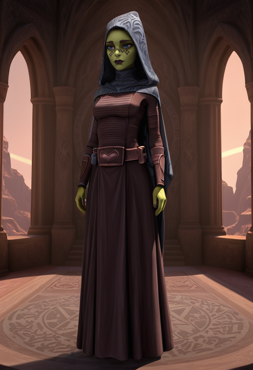 <lora:Barriss_Offee:1> barriss_offee, 1girl, female focus, mirialan, green_skin, face_tattoo, diamond_face_tattoo, original_appearance, jedi_robes, hooded_cloak, clone_wars_style, star_wars_background, fullbody