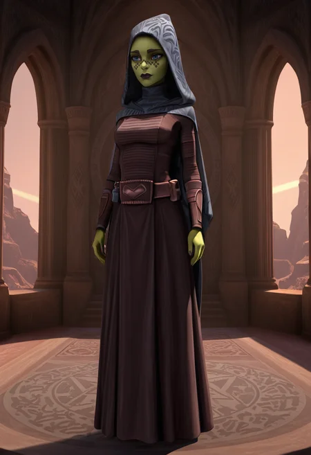 <lora:Barriss_Offee:1> barriss_offee, 1girl, female focus, mirialan, green_skin, face_tattoo, diamond_face_tattoo, original_appearance, jedi_robes, hooded_cloak, clone_wars_style, star_wars_background, fullbody