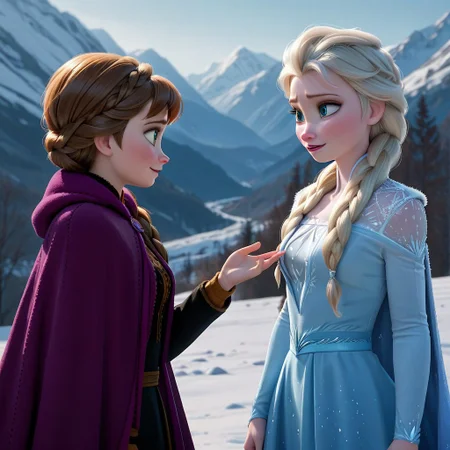 score_9, score_8_up, score_7_up, score_6_up, score_5_up, score_4_up, rating_questionable, 2girls, AnnaElsa, sisters, in a snowy landscape, looking at each other