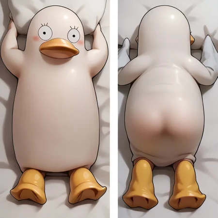 1boy,(crisp focus, sharp edges) (best quality, masterpiece, ultra_detailed) Score_9_up, score_8_up, score_7_up, body pillow, body pillow cover, dakimakura, multiple views, ((one view of backshot ass, one view front view)) 1boy, RythElizabethPony, Elizabeth \(Gintama\), cylindrical white duck, (two feet) duck feet, ((((one side facing away from viewer:1.2)))) (((different poses))) Alphonse Mucha Style page
